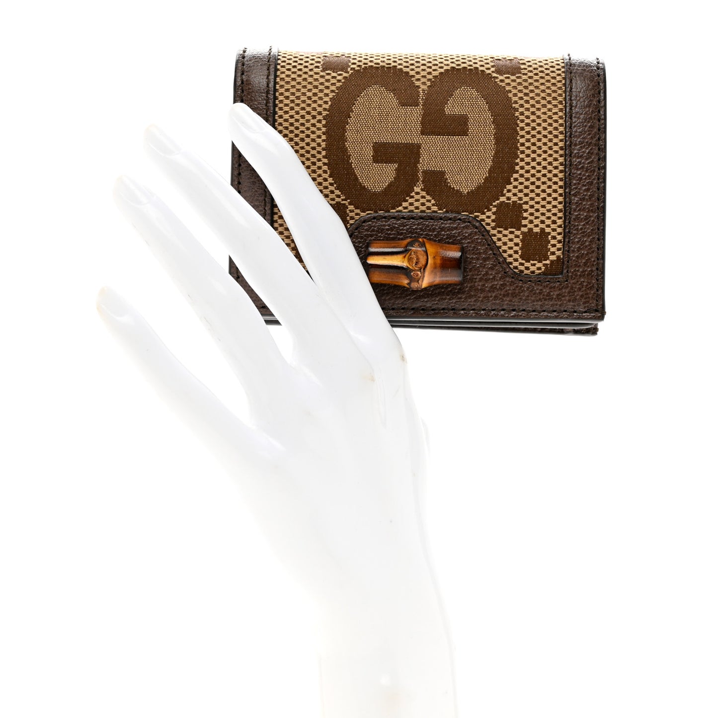 Monogram Jumbo GG Textured Dollar Calfskin Diana Card Case Wallet Camel Ebony New Acero
