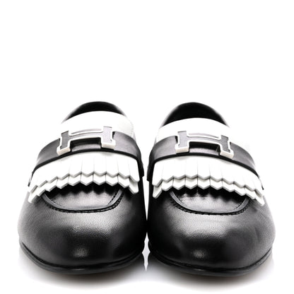 Hermes Goatskin Womens Royal Loafers 37.5 Black White 3 of 10