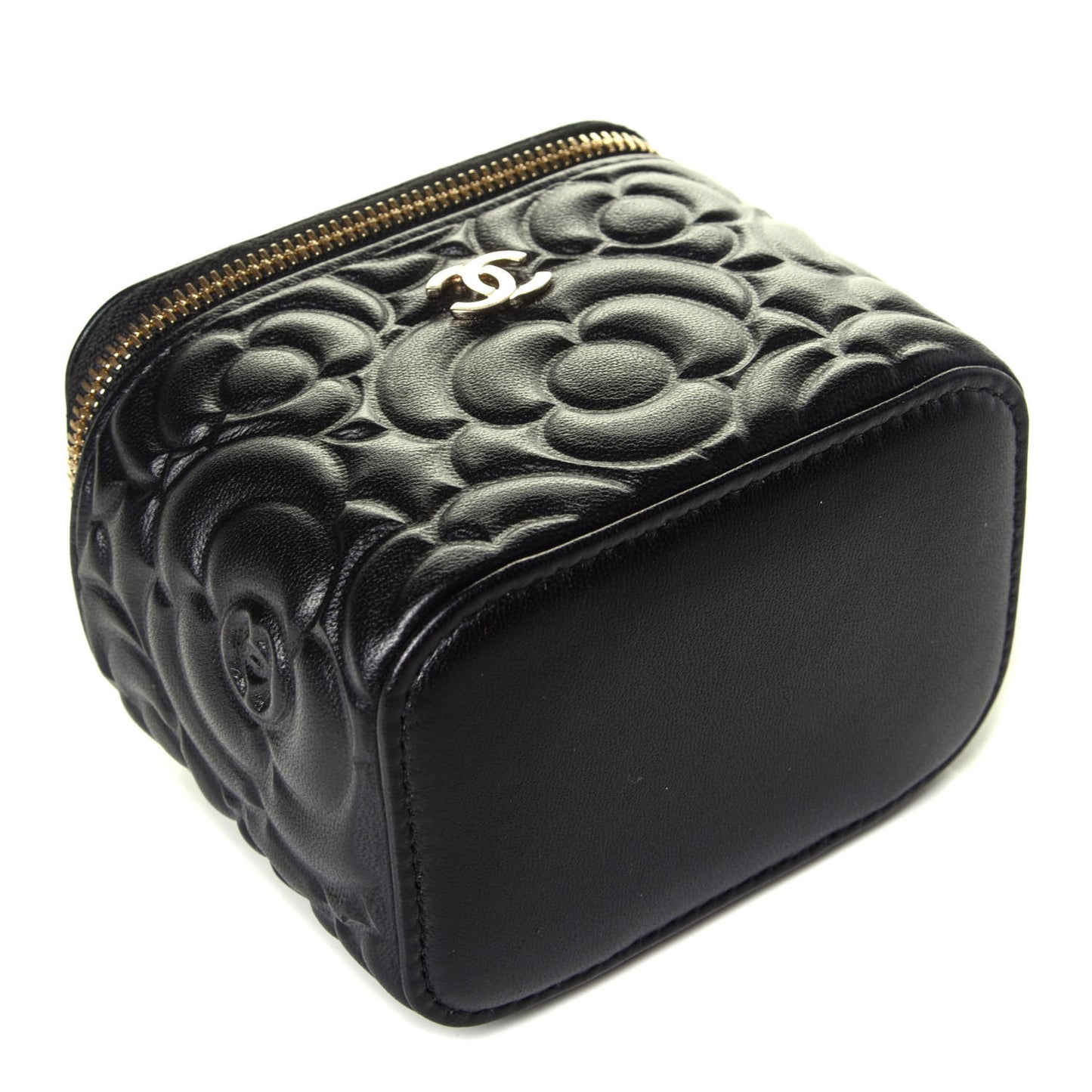 Lambskin Camellia Embossed Mini Vanity Case With Chain Black