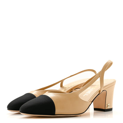 Chanel Goatskin Grosgrain Cap Toe CC Slingback Pumps 37 Beige Black 4 of 10