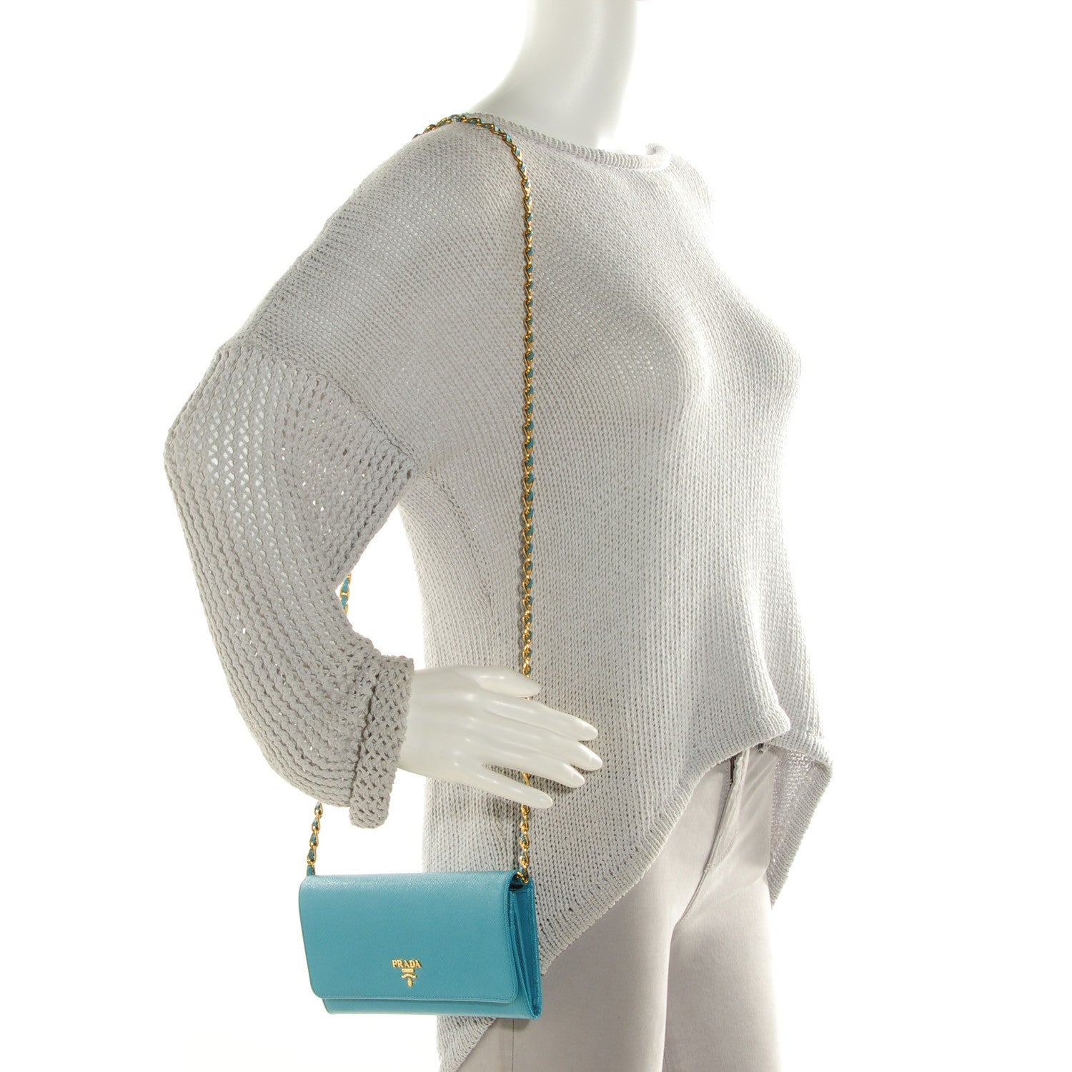 Prada Saffiano Metal Oro Chain Wallet Turchese 2 of 9