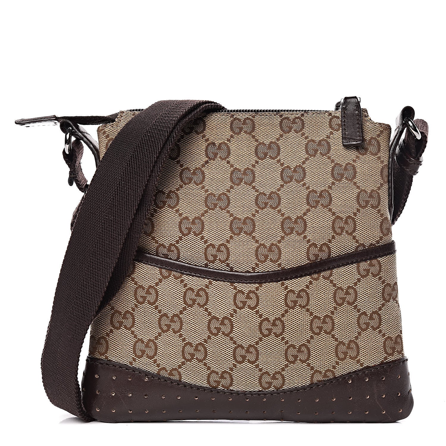 Gucci Monogram Calfskin Perforated Small Flat Messenger Bag Dark Brown 1 of 12