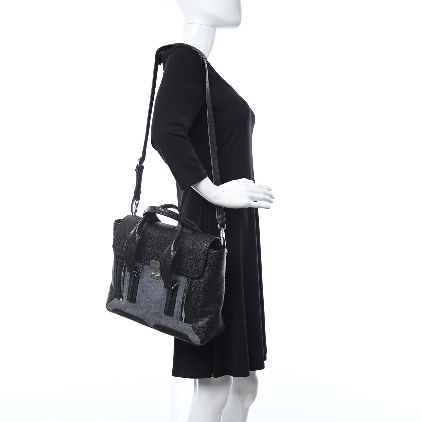 Textured Calfskin Denim Medium Pashli Satchel Black