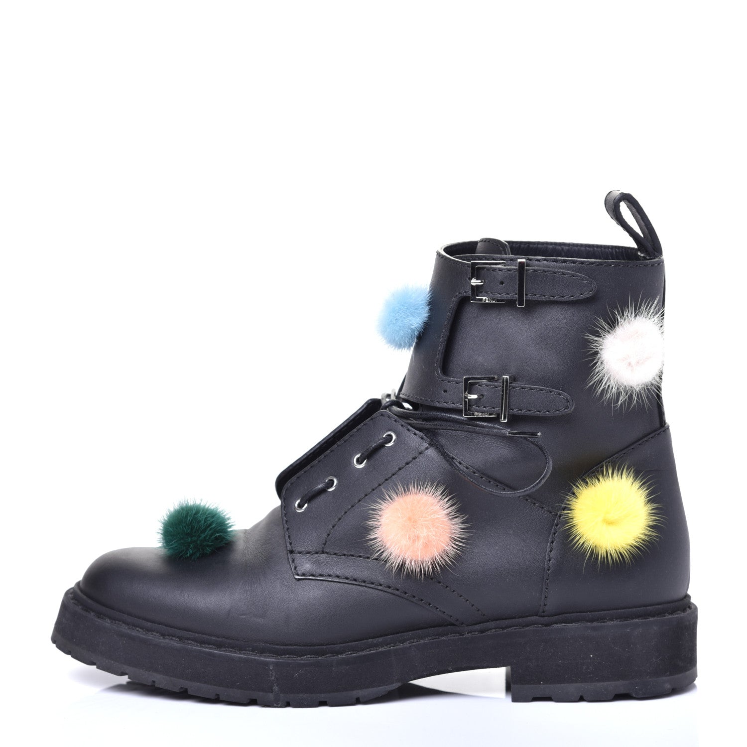 Fendi Calfskin Pom Pom Biker Boots 36 Black 1 of 8