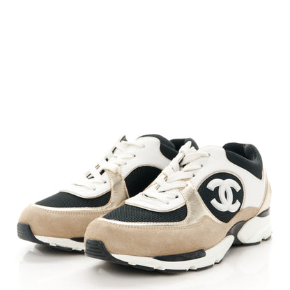 Chanel Mesh Suede Calfskin Womens CC Sneakers 38 White Black Beige Gold 3 of 8