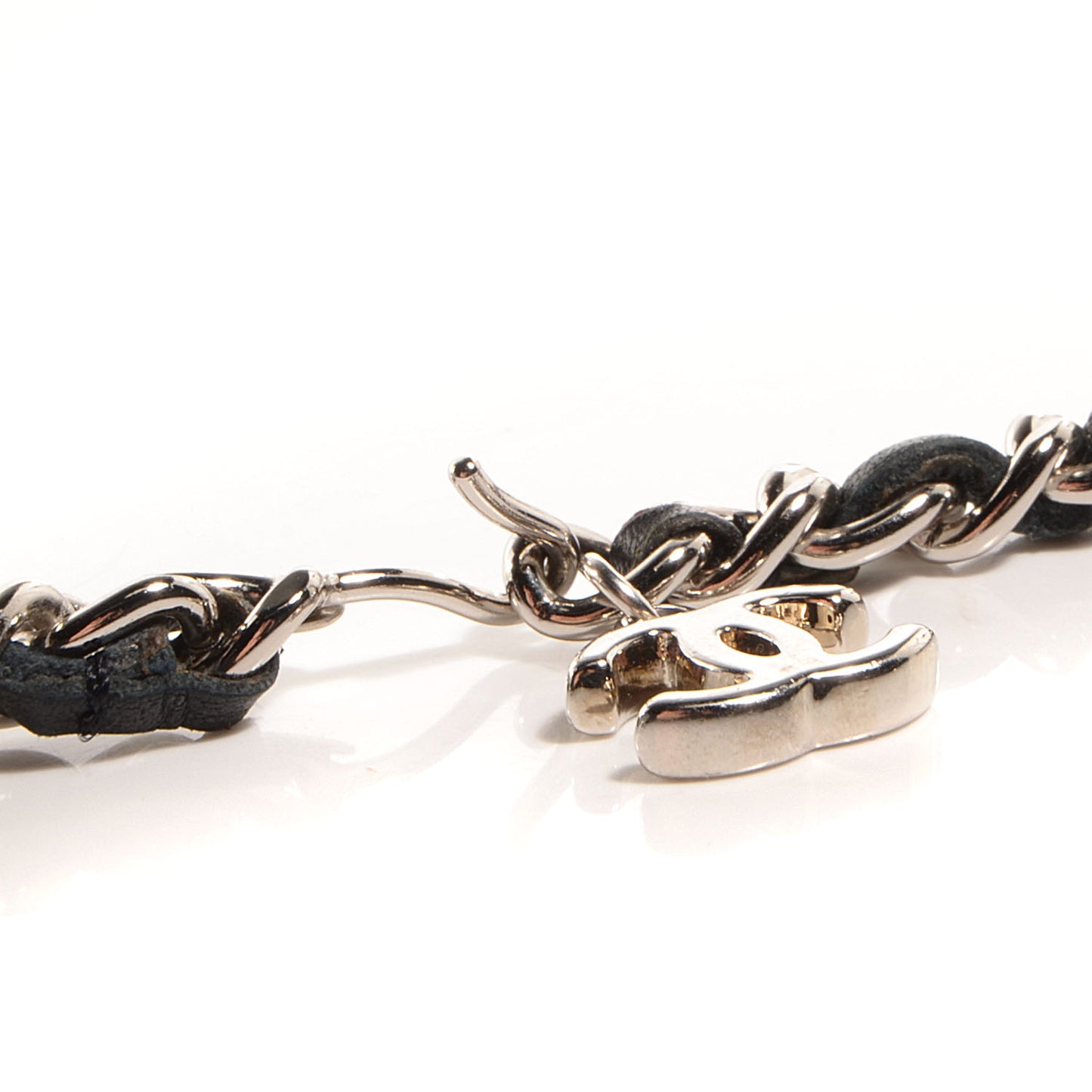 Leather Chain Logo Belt Black Silver