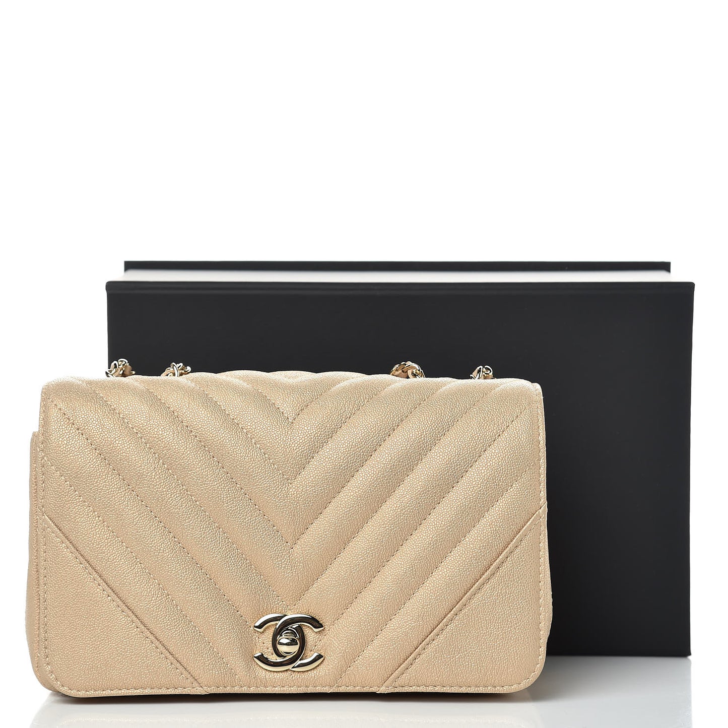 Metallic Caviar Chevron Quilted Mini Statement Flap Beige