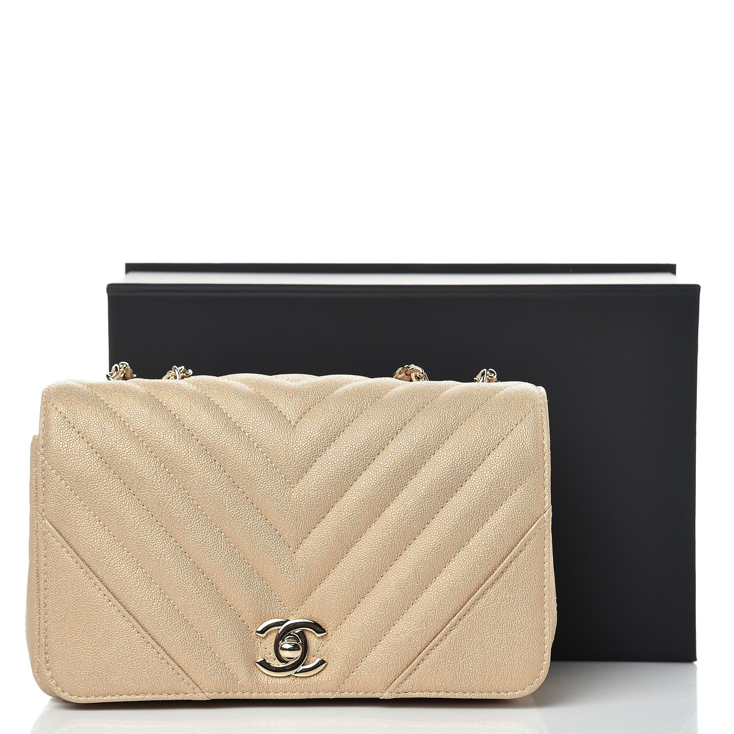 Chanel Metallic Caviar Chevron Quilted Mini Statement Flap Beige 10 of 10