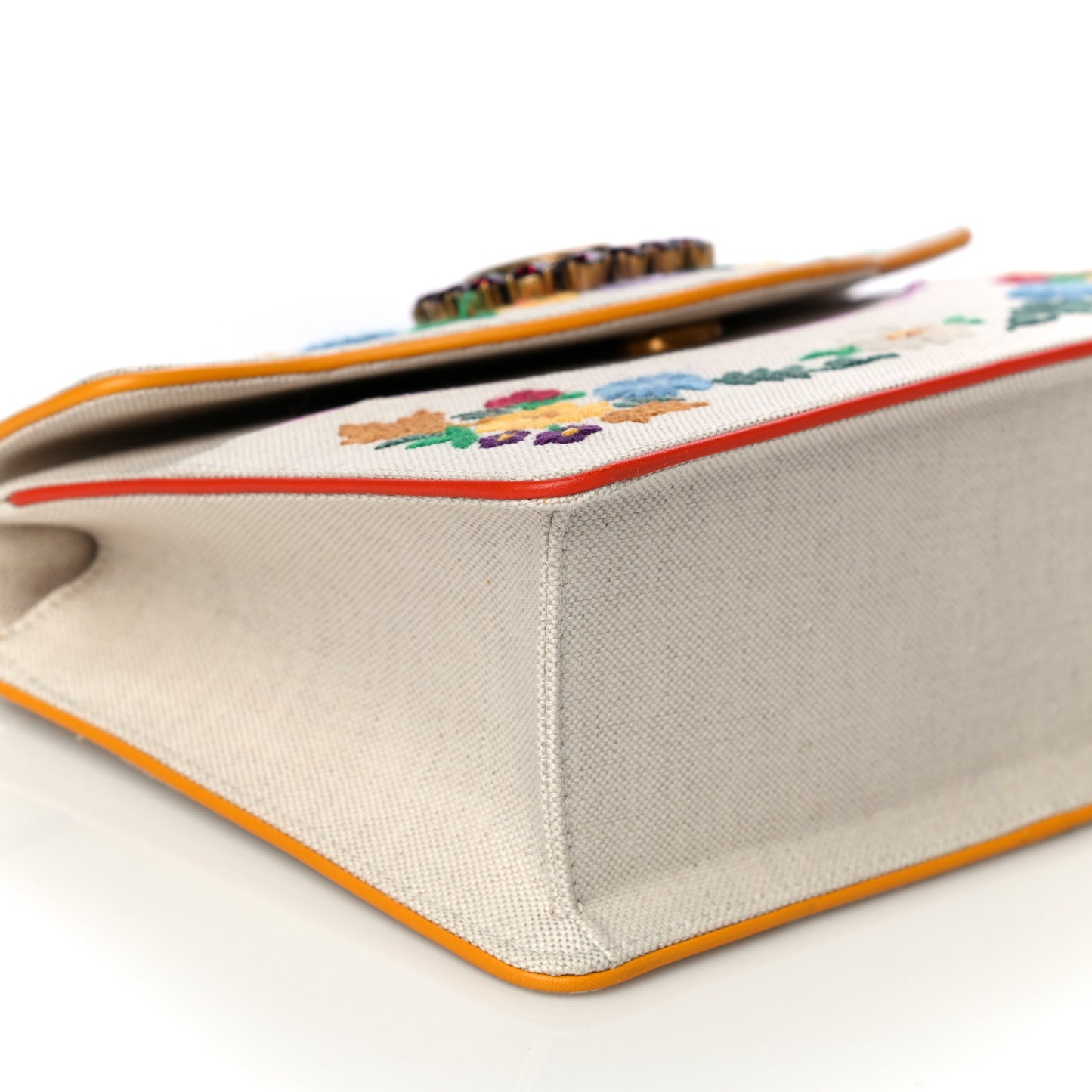 Linen Canvas Embroidered Small Shoulder Bag White