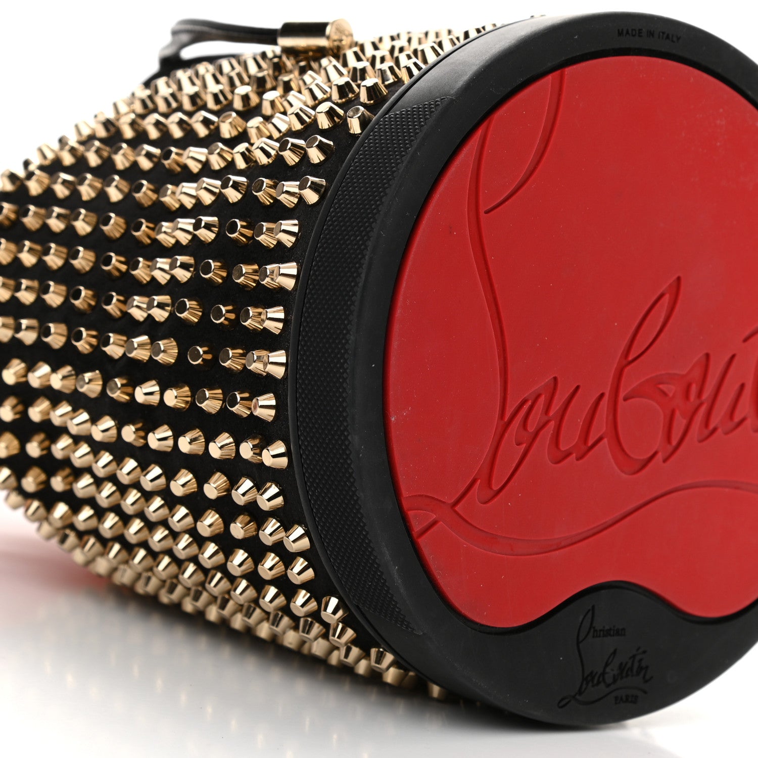 Christian Louboutin Silk Satin Calfskin Marie Jane Loubirun Studded Bucket Black Gold Platine 10 of 12