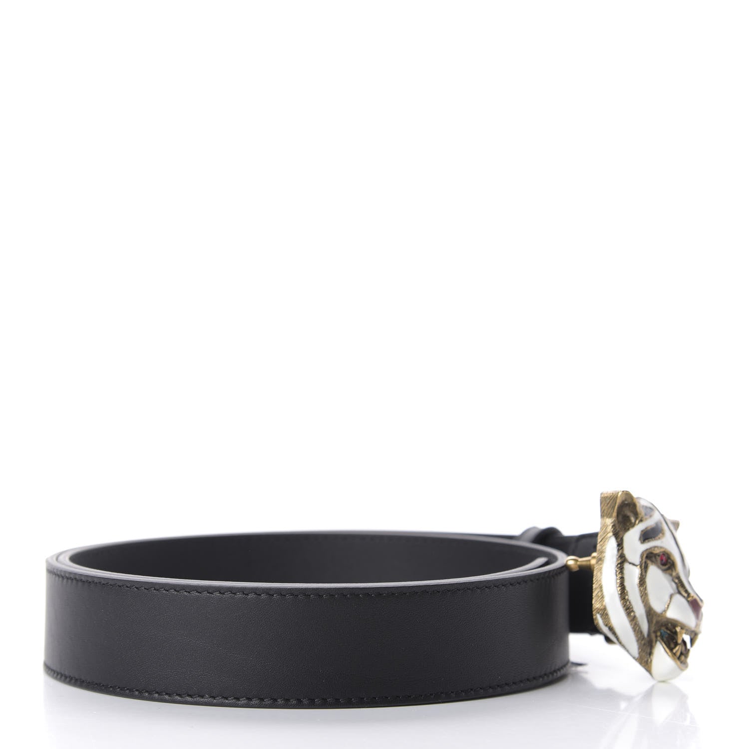 Gucci Calfskin Tiger Head Buckle Belt 80 32 Black 2 of 4