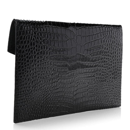 Saint Laurent Calfskin Crocodile Embossed Uptown Monogram Clutch Black 2 of 8