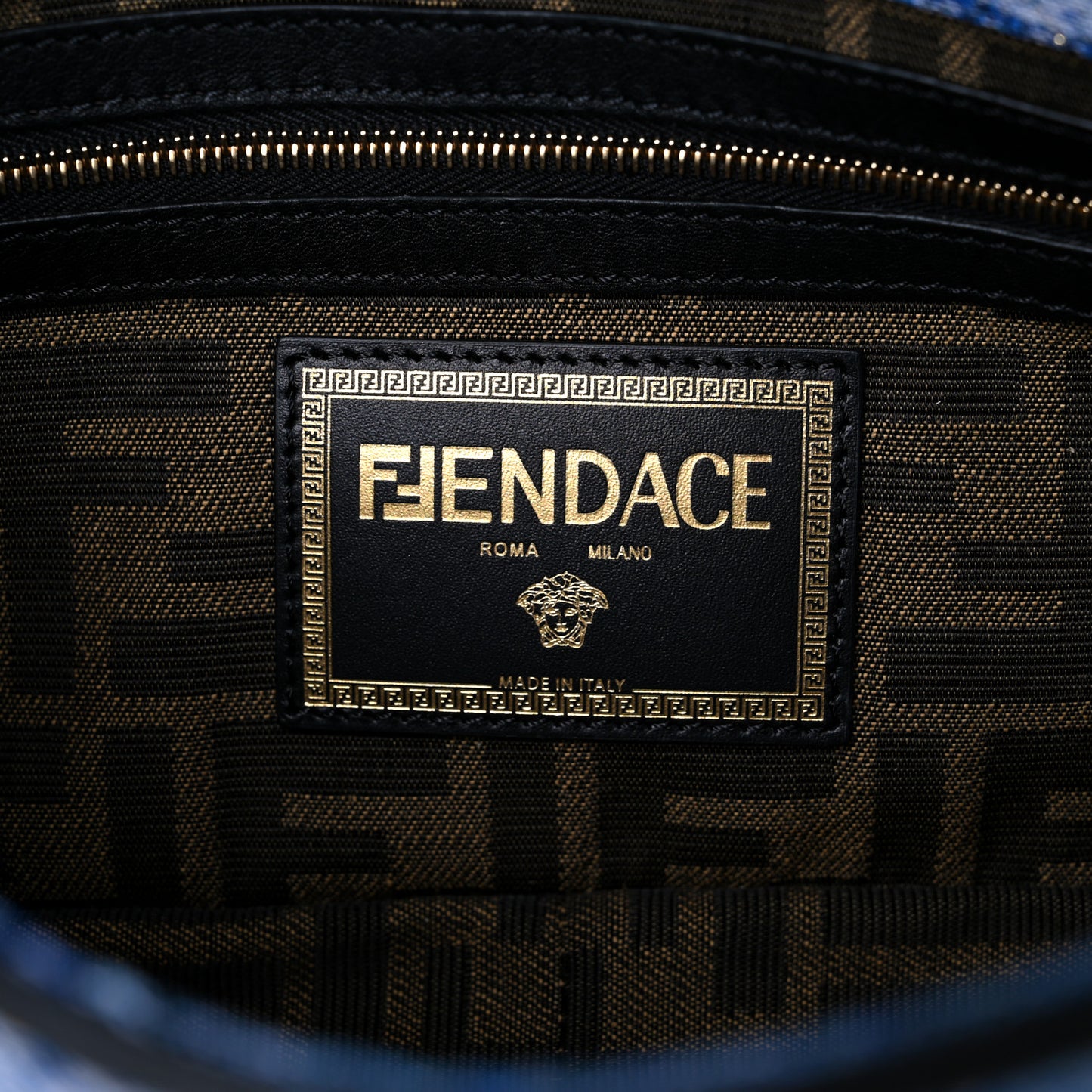 X FENDI Fabric Calfskin Medusa Denim Patchwork Print Baguette Blue Black Gold