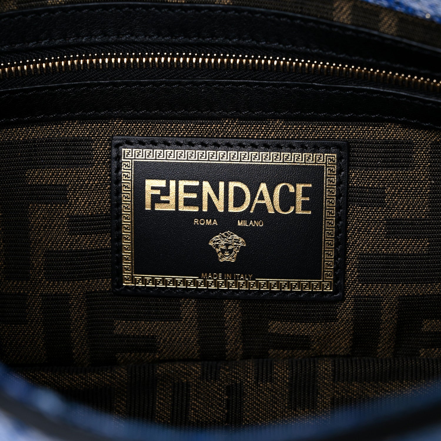 Versace X FENDI Fabric Calfskin Medusa Denim Patchwork Print Baguette Blue Black Gold 6 of 8