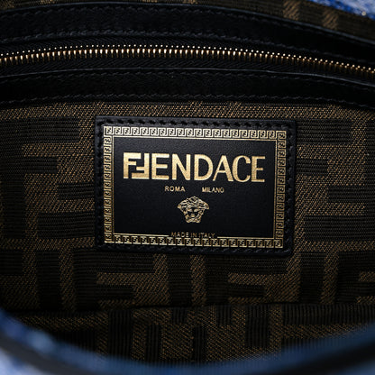 Versace X FENDI Fabric Calfskin Medusa Denim Patchwork Print Baguette Blue Black Gold 6 of 8