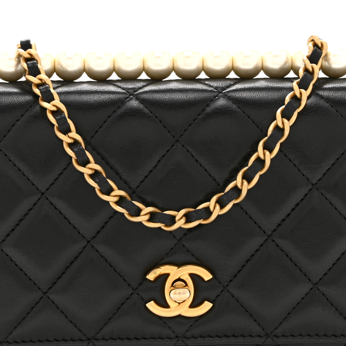 Shiny Lambskin Quilted CC Turnlock Chic Pearl Wallet on Chain WOC  Black