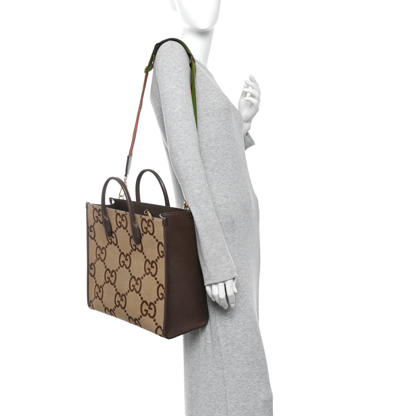 Monogram Jumbo GG Textured Dollar Calfskin Web Tote Bag Camel Ebony New Acero