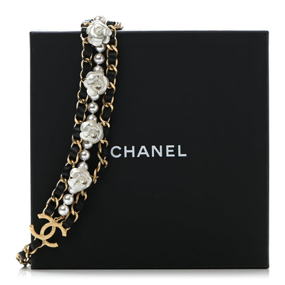 Chanel Calfskin Pearl Chain 90's Camellia CC Choker Necklace Gold Black 7 of 7