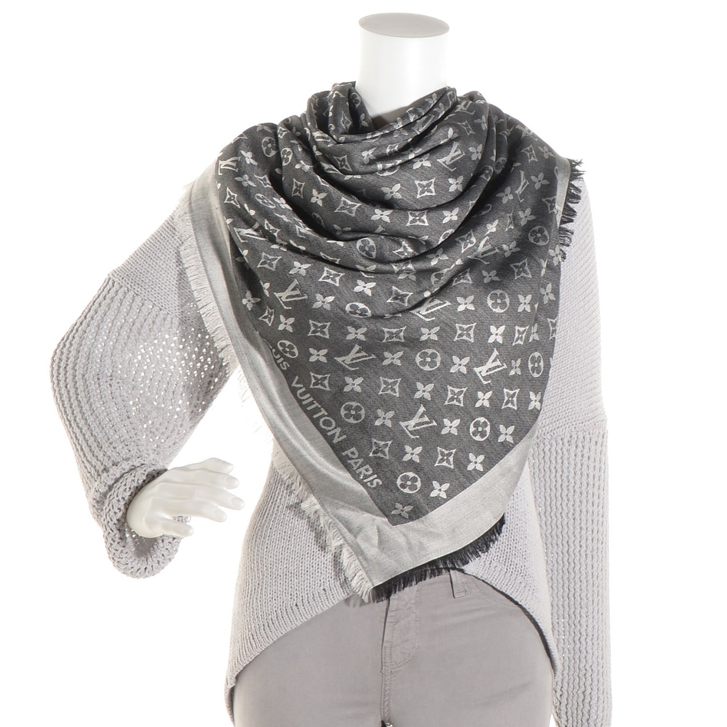 Wool Silk Monogram Denim Shawl Black