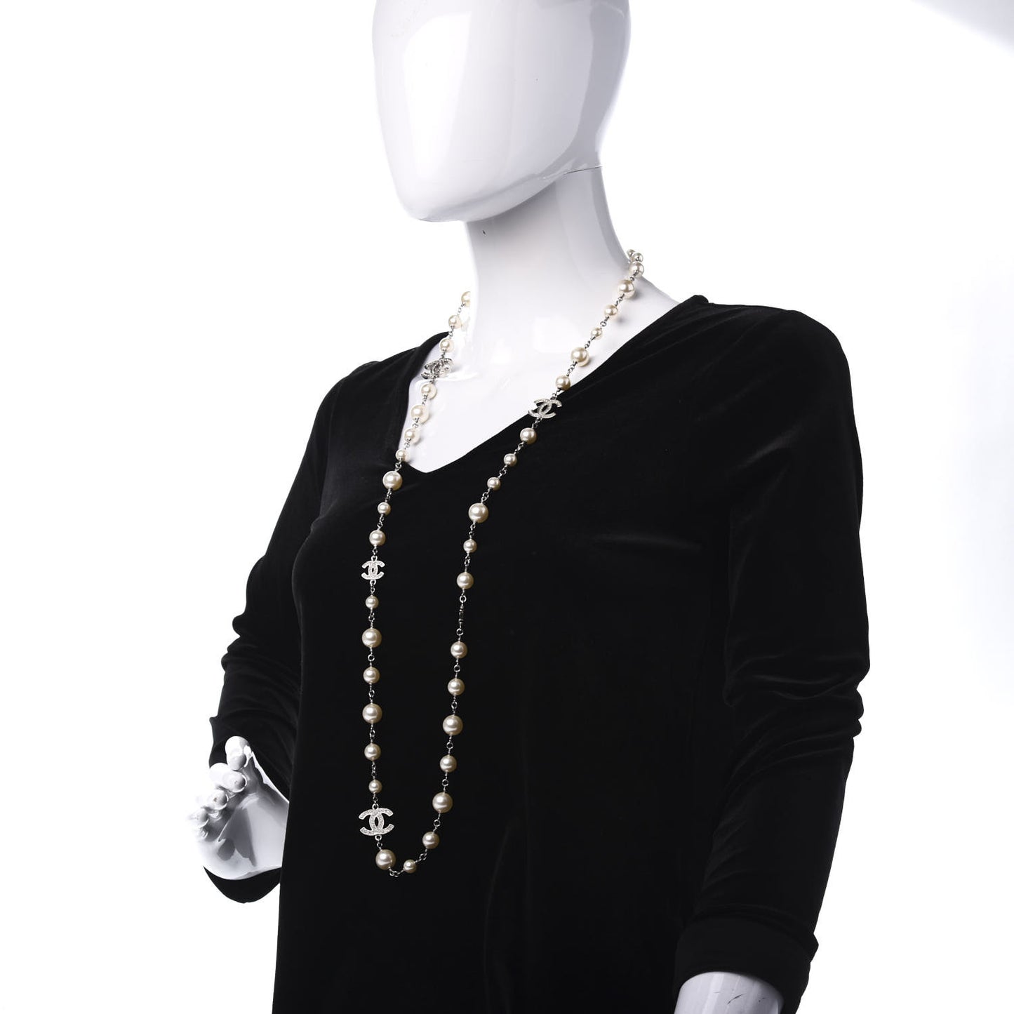 Crystal Pearl CC Long Necklace Silver