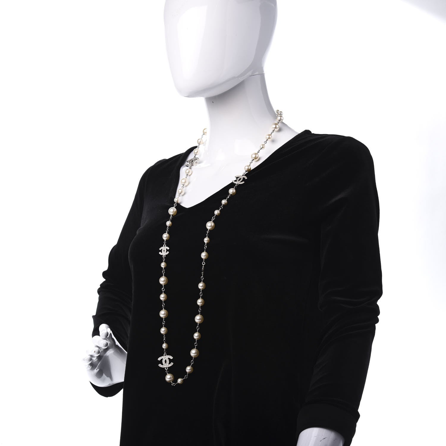 Chanel Crystal Pearl CC Long Necklace Silver 2 of 7