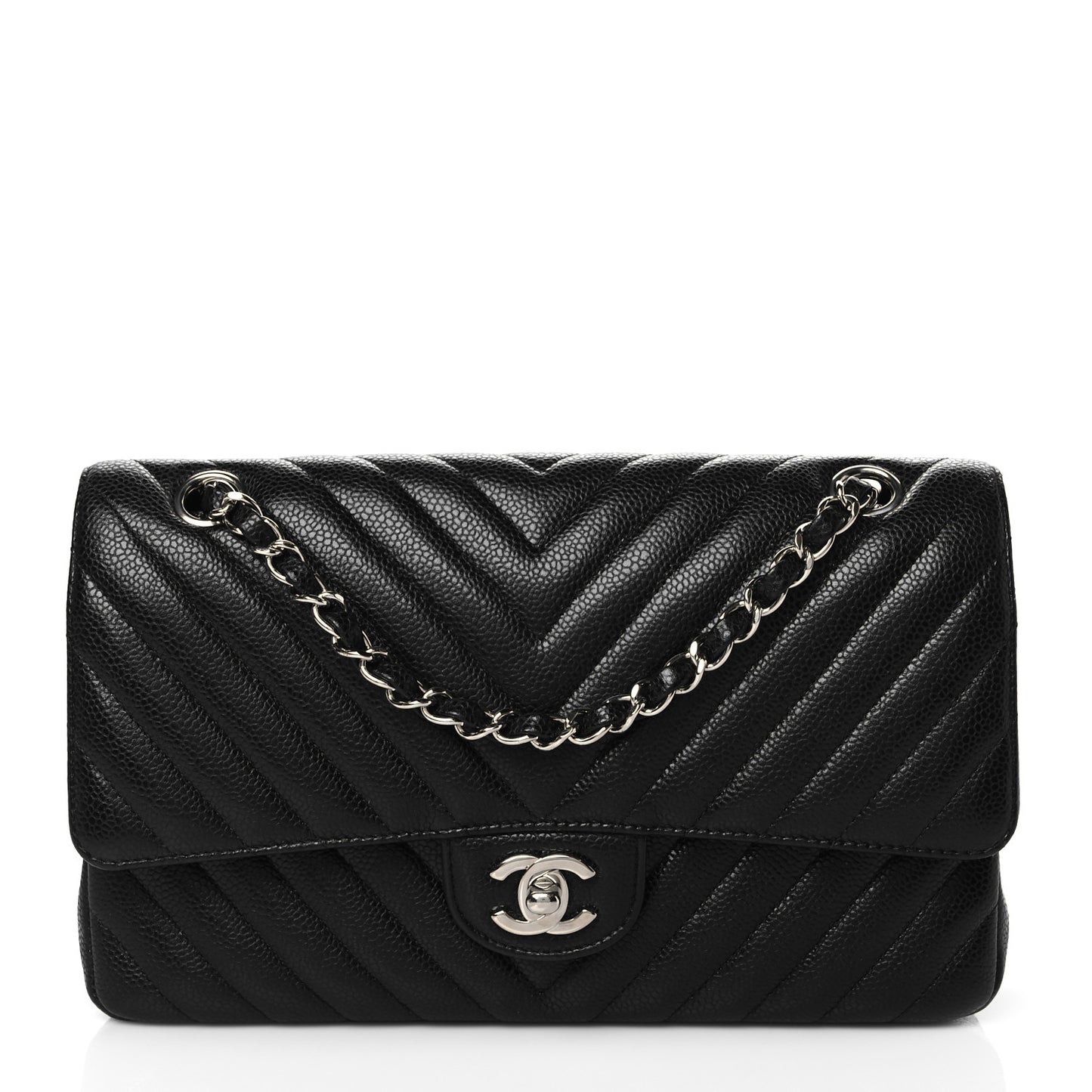 Caviar Chevron Quilted Medium Double Flap Black