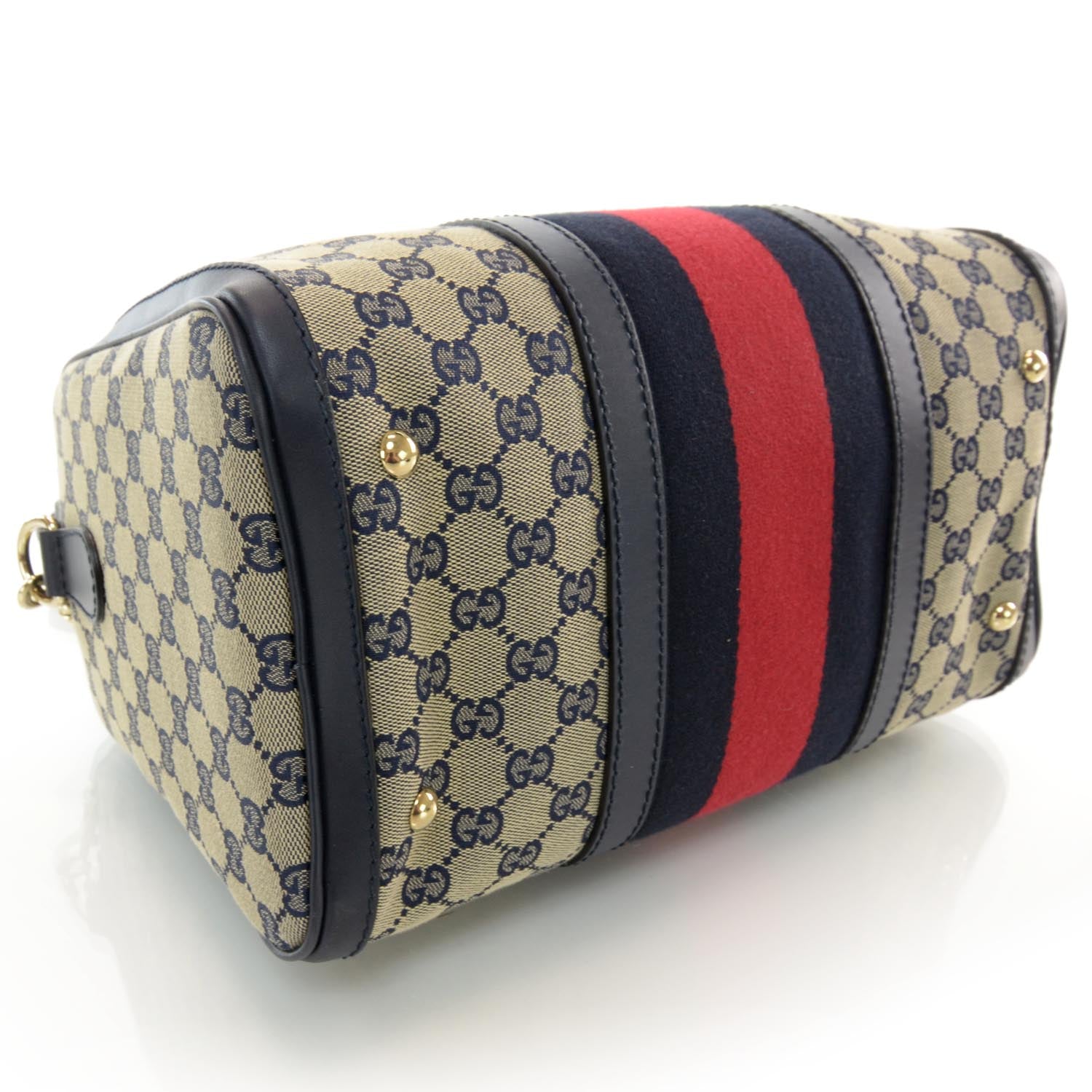 Gucci Monogram Selleria Calfskin Vintage Web Medium Boston Beige Blue 4 of 9