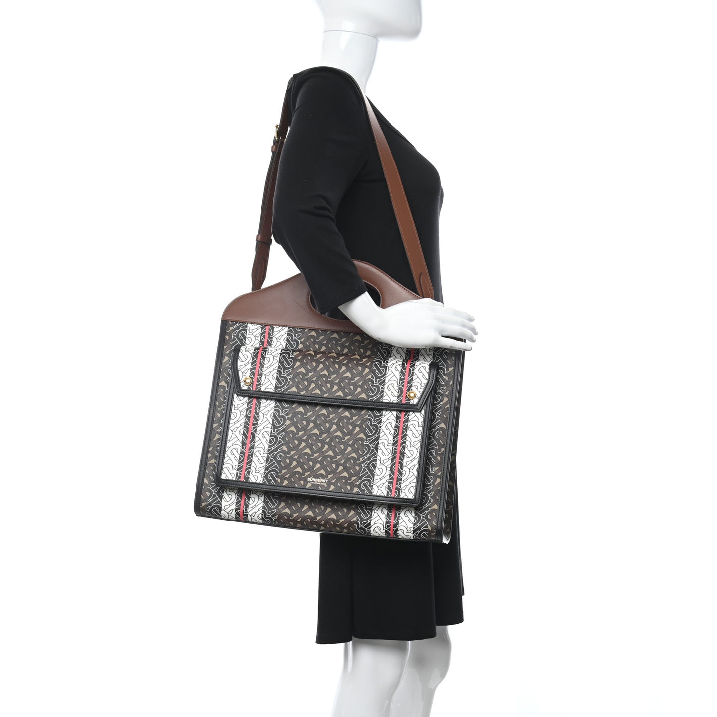 E-Canvas Monogram Stripe Medium Pocket Bag Bridle Brown