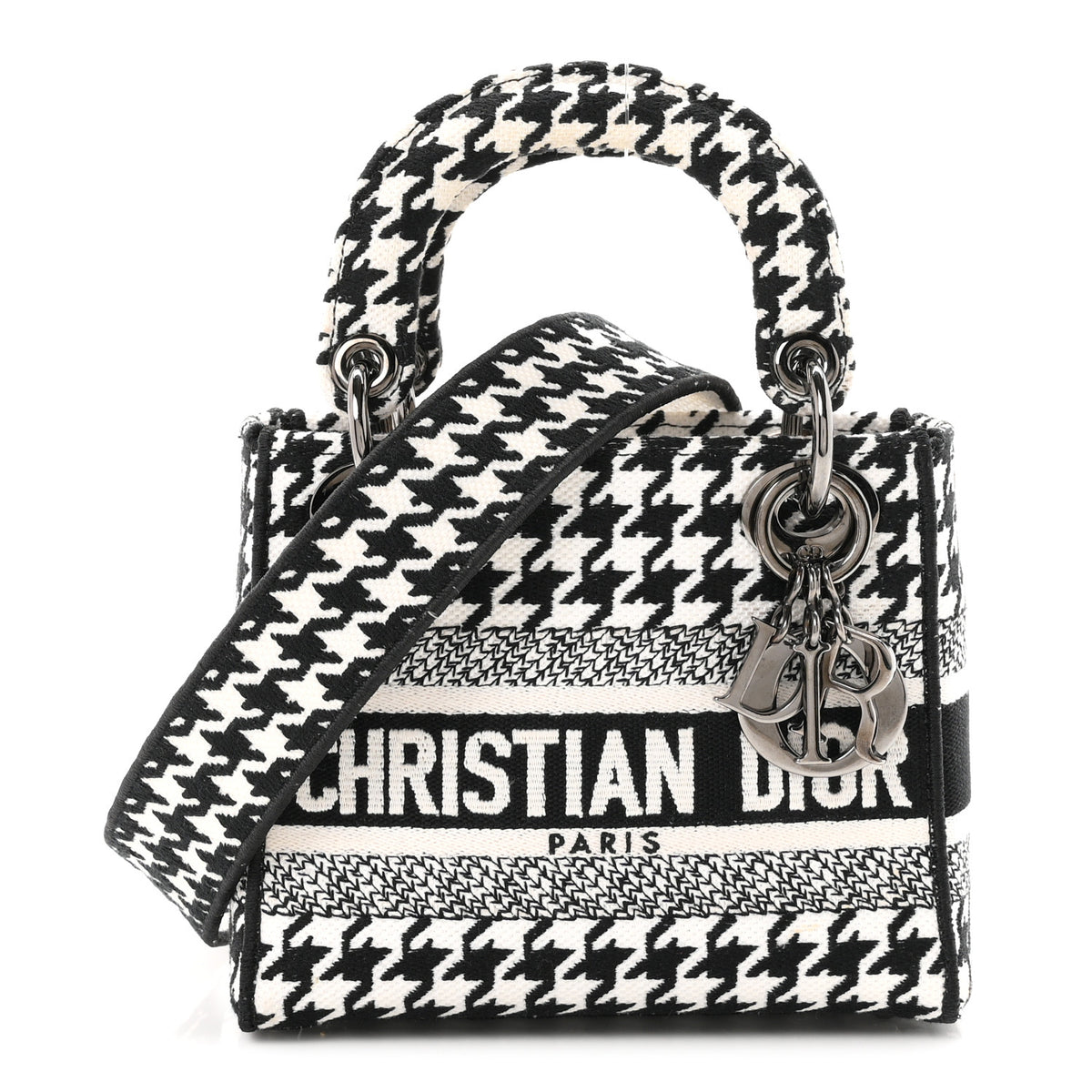Christian Dior Canvas Houndstooth Embroidered Mini Lady D-Lite Black White 1 of 10