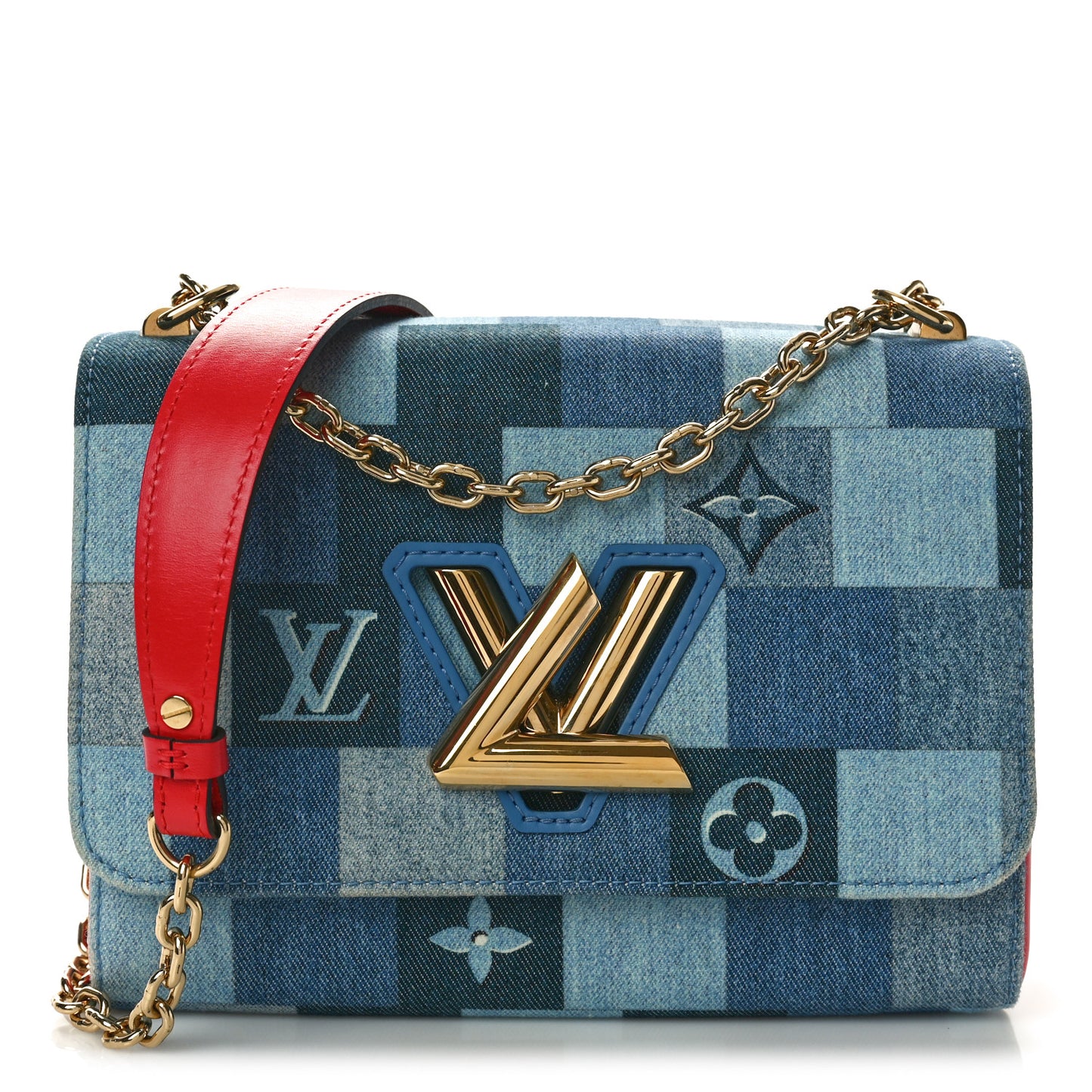 Denim Damier Monogram Twist Shoulder Bag MM Blue Rouge