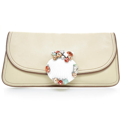 Marc Jacobs Leather Jeweled Shell Palm Beach Bonita Clutch Ivory 1 of 7