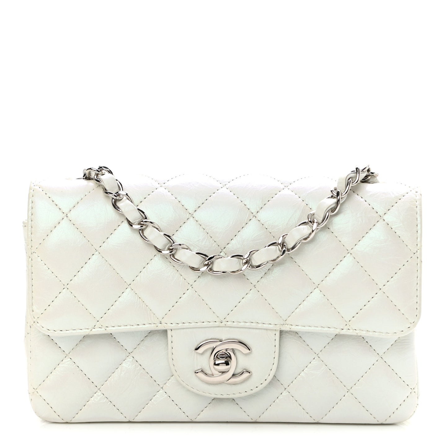 Iridescent Crumpled Calfskin Quilted Mini Rectangular Flap White
