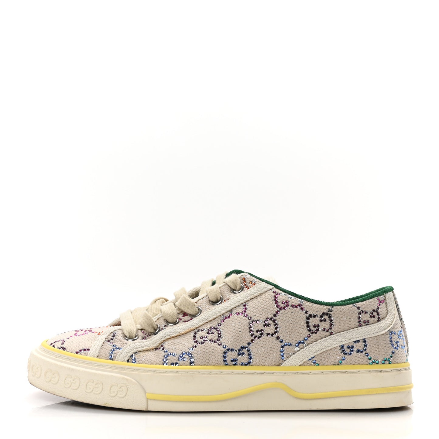 Canvas Lame Crystal GG Monogram Womens 1977 Tennis Sneakers 37.5 Gardenia Silver Mystic White