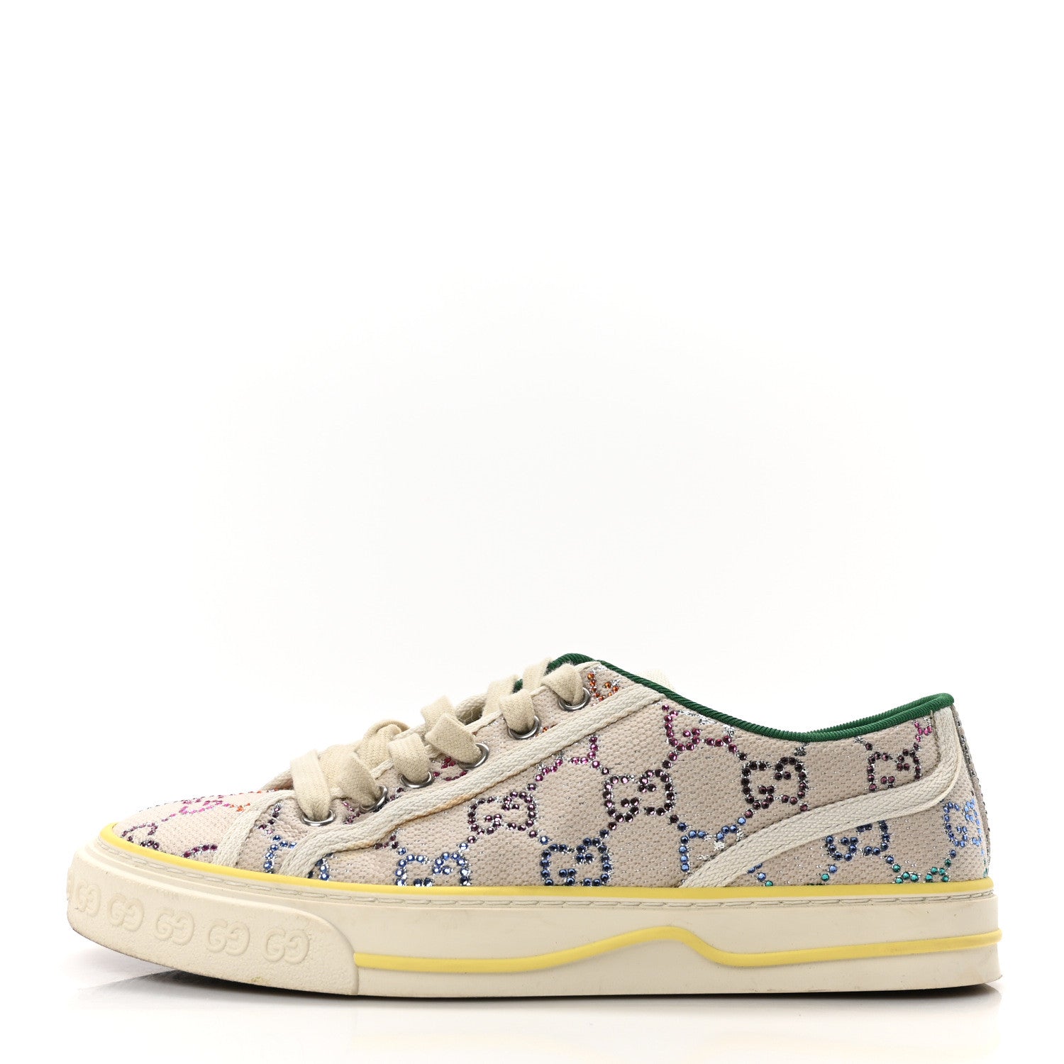 Gucci Canvas Lame Crystal GG Monogram Womens 1977 Tennis Sneakers 37.5 Gardenia Silver Mystic White 1 of 8