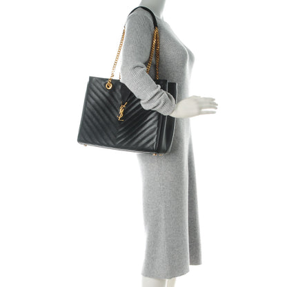 Saint Laurent Grain De Poudre Matelasse Chevron Monogram Shopping Bag Black 2 of 7
