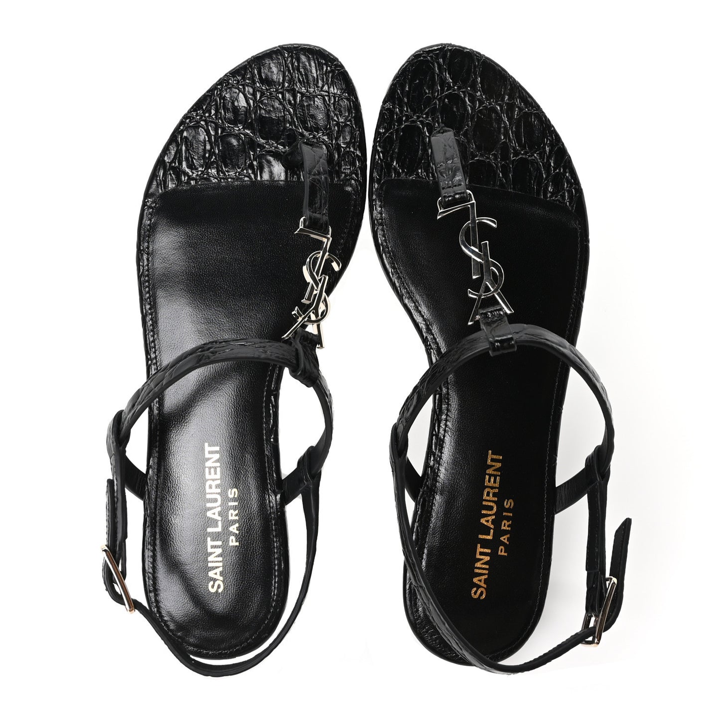Calfskin Crocodile Embossed Cassandra Monogram Sandals 35.5 Black