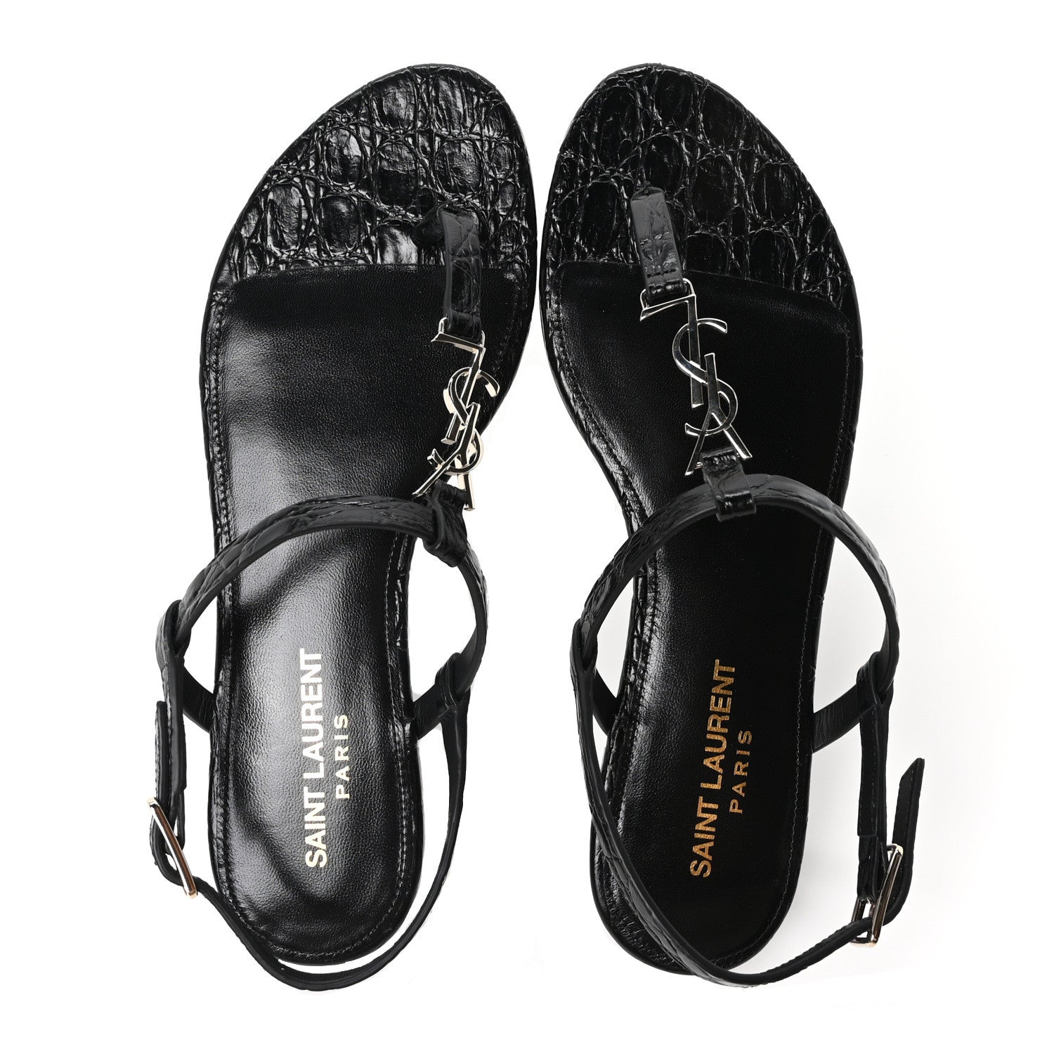 Saint Laurent Calfskin Crocodile Embossed Cassandra Monogram Sandals 35.5 Black 2 of 10