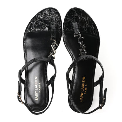Saint Laurent Calfskin Crocodile Embossed Cassandra Monogram Sandals 35.5 Black 2 of 10