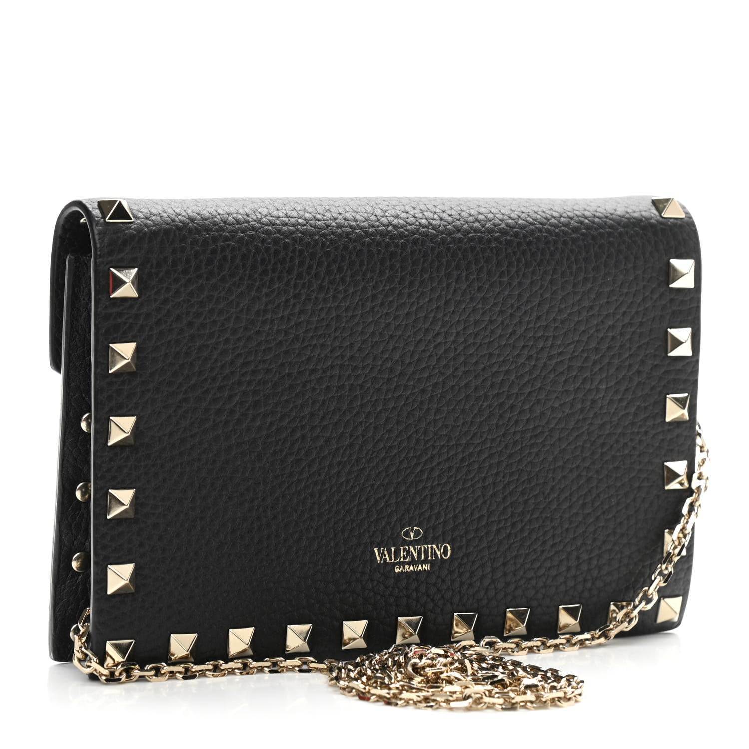 Valentino Garavani Pebbled Calfskin Rockstud Envelope Wallet on Chain Black 3 of 12