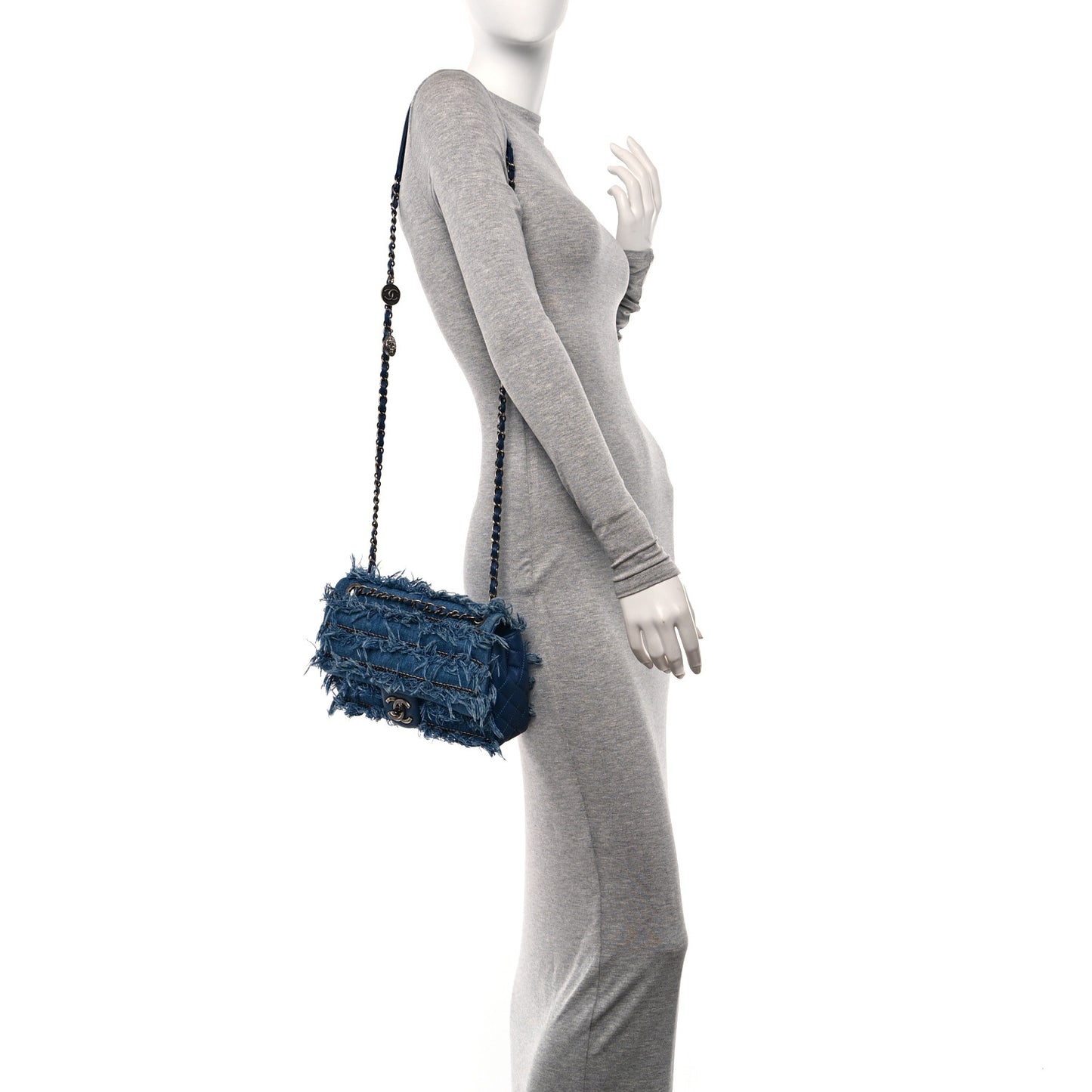 Calfskin Denim Paris Dubai Fringe Chains Small Flap Blue
