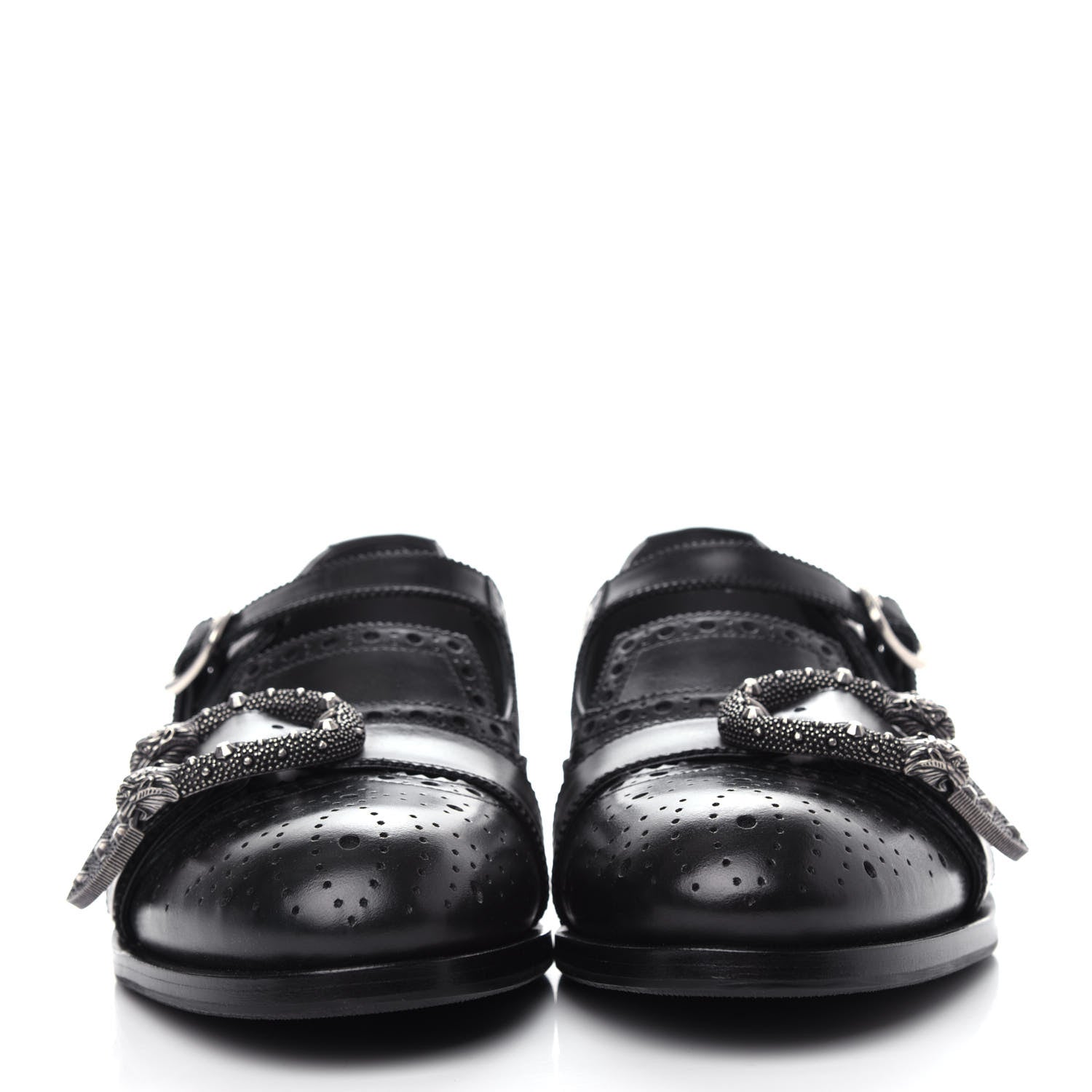 Gucci Calfskin Bee Embroidered Mens Queercore Brogue Wingtip Monk Strap Loafers 8 Black 2 of 12