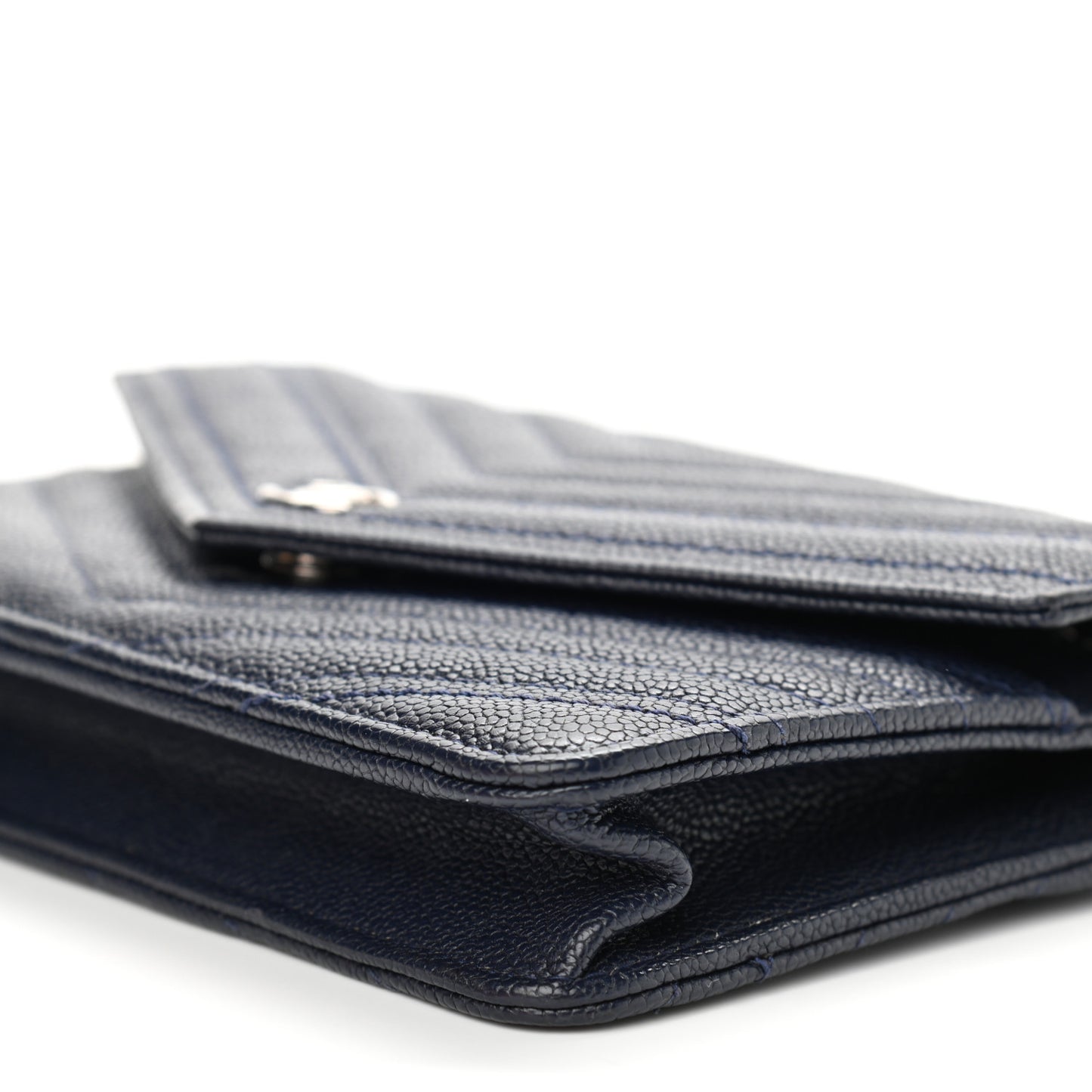 Caviar Chevron Quilted Statement Wallet On Chain WOC Navy