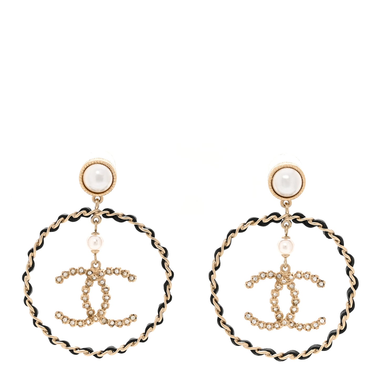 Lambskin Crystal Pearl CC Chain Hoop Earrings Gold Black