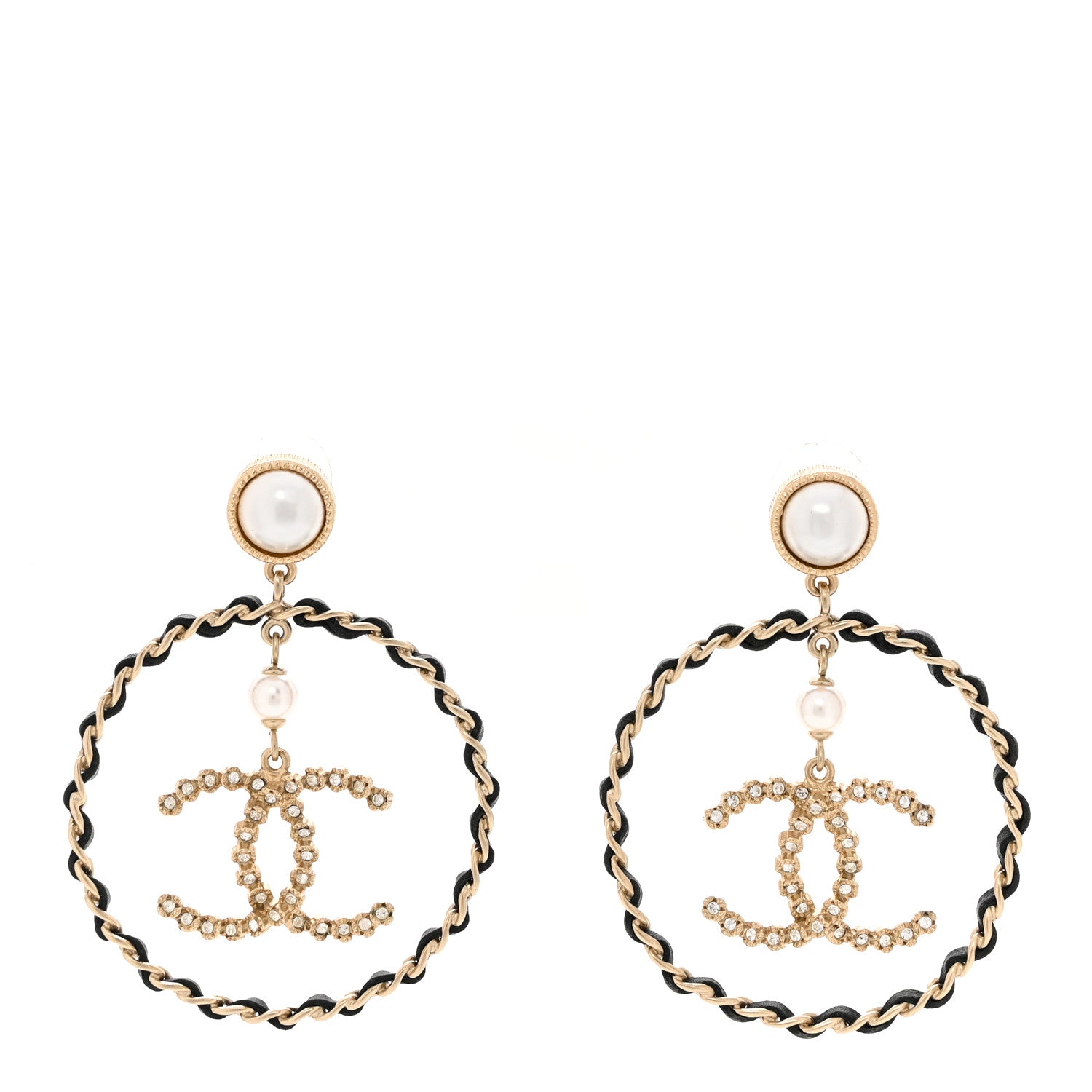 Chanel Lambskin Crystal Pearl CC Chain Hoop Earrings Gold Black 1 of 4