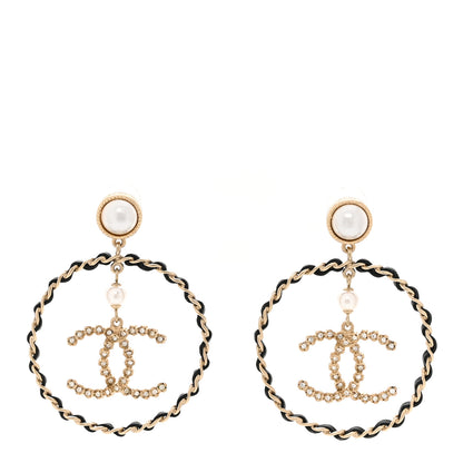 Chanel Lambskin Crystal Pearl CC Chain Hoop Earrings Gold Black 1 of 4