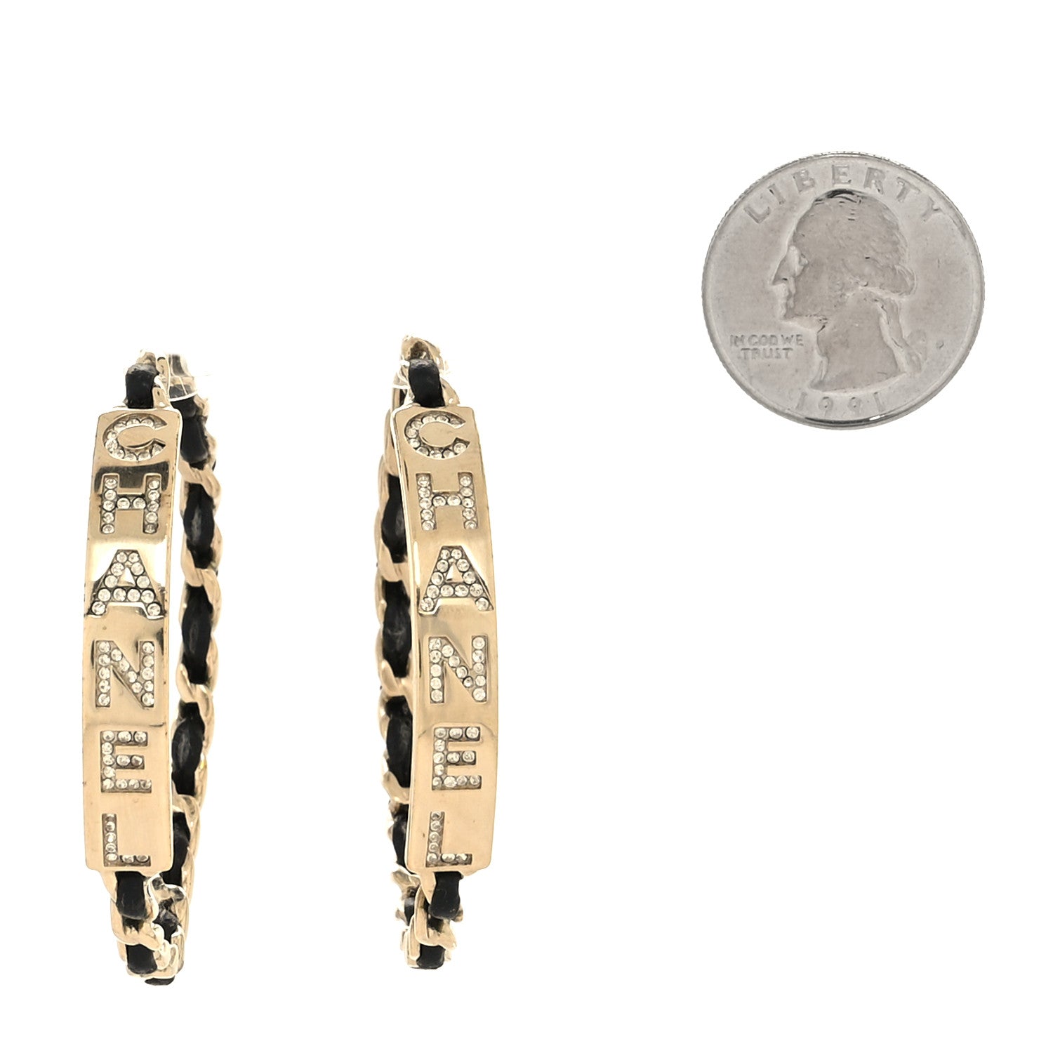 Chanel Metal Lambskin CC Crystal Chain Hoop Earrings Gold Black 2 of 4