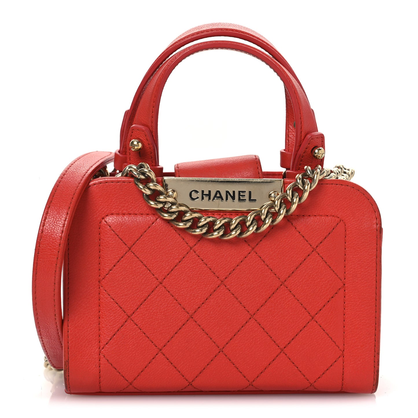 Grained Calfskin Stitched Mini Label Click Shopper Tote Red