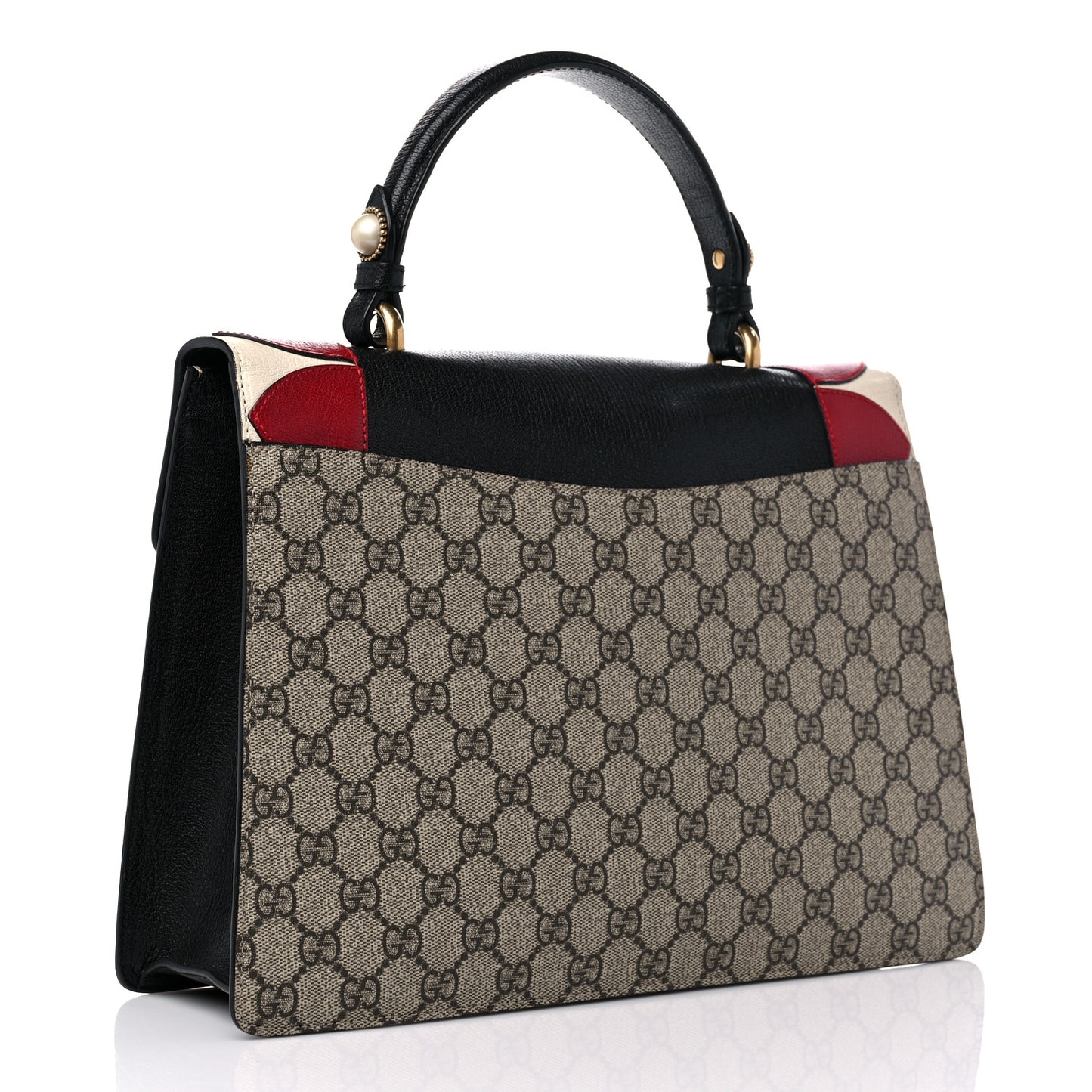GG Supreme Monogram Goatskin Pearl Embroidered Medium Fox Broche Top Handle Bag Beige Ebony Black Hibiscus Red Mystic White