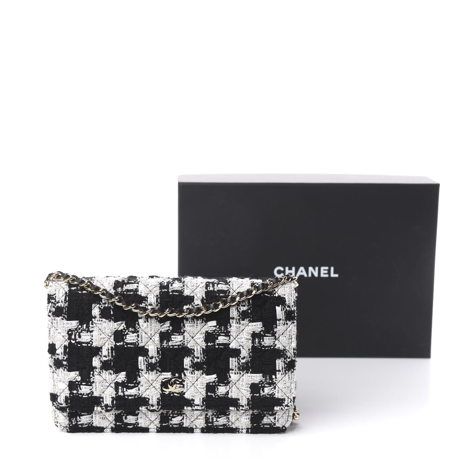 Chanel Tweed Quilted Wallet On Chain WOC Black Ecru White 11 of 11
