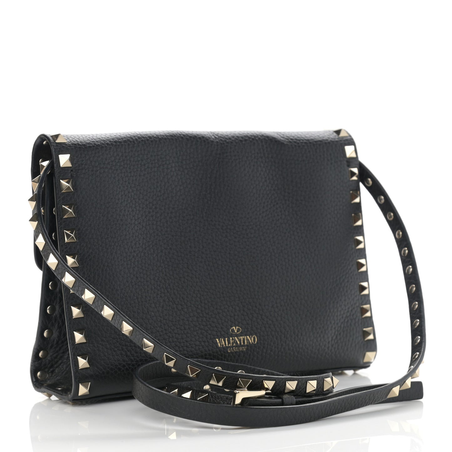 Pebbled Calfskin Medium Rockstud Flip Lock Crossbody Bag Black